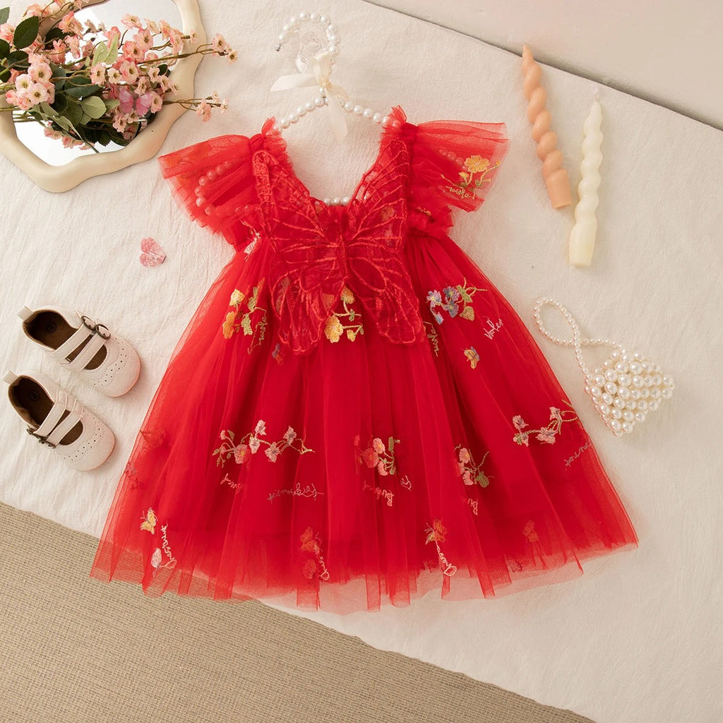 Girls' Dress Summer Floral Mesh Little Flying Sleeve Baby Girl Dress