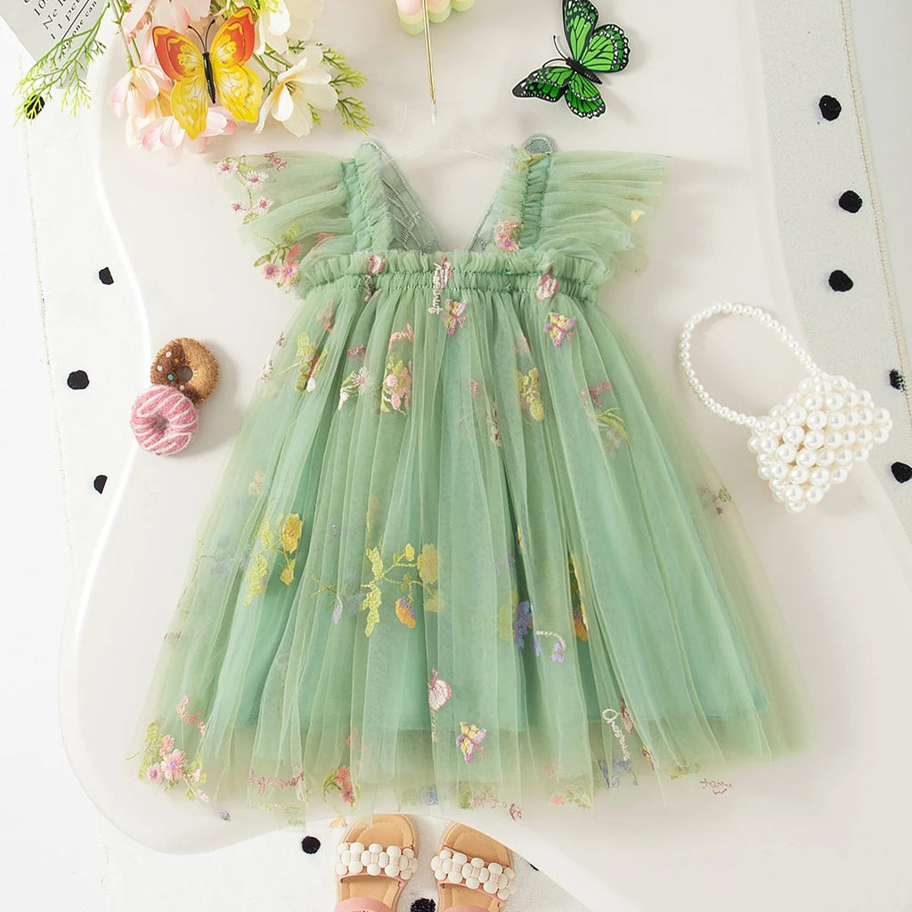 Girls' Dress Summer Floral Mesh Little Flying Sleeve Baby Girl Dress